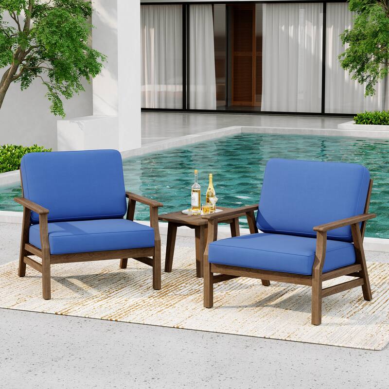 3-piece Outdoor Cushioned Bistro Set Patio Wood Conversation Set - Blue