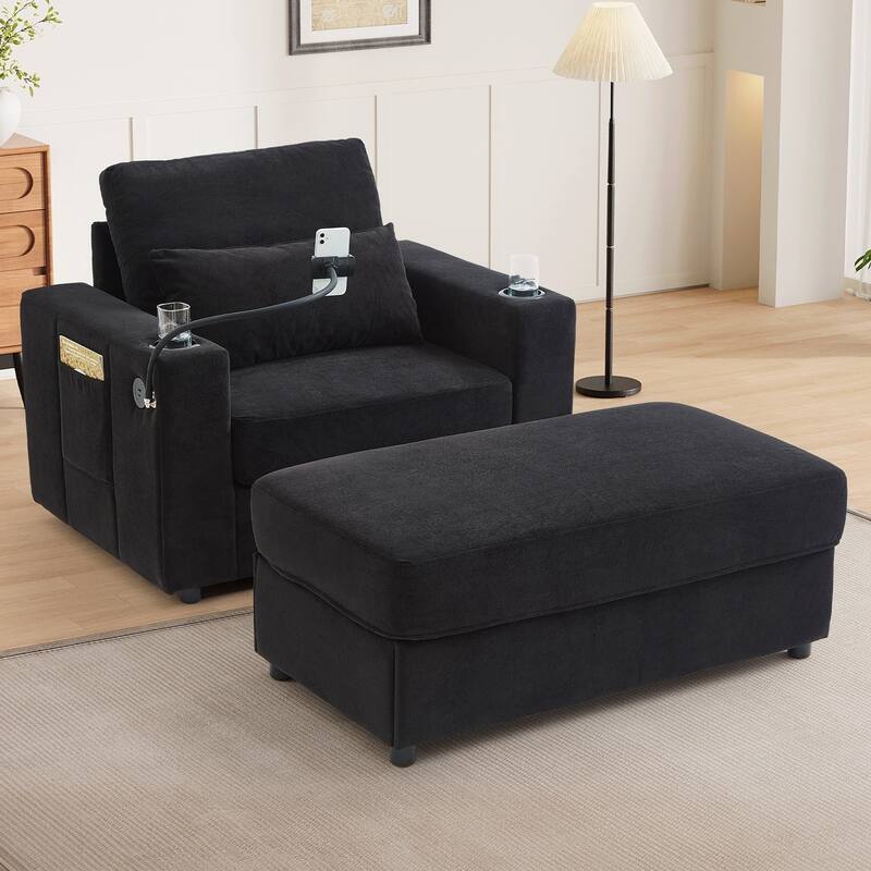 Modern Style Armchair 42.5" Chaise Lounge Sofa Couch with a Movable Storage Ottoman, Two USB Ports, Two Cup Holders