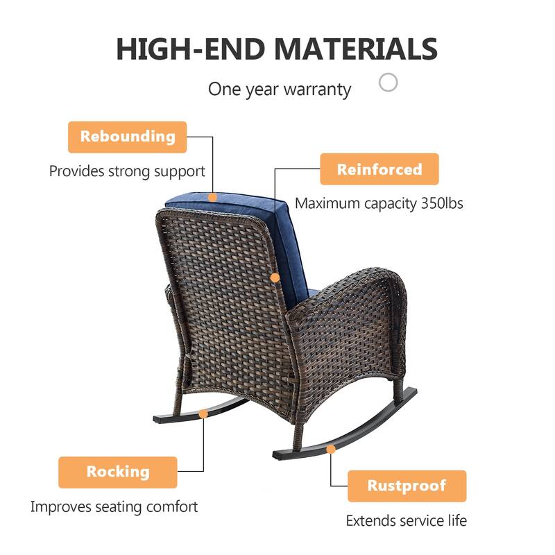 PlainCurve 3-Piece Wicker Outdoor Patio Conversation Set with Rocking Chairs and Olefin Cushions