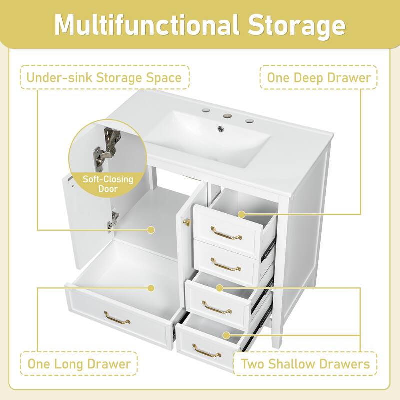 36" Bathroom Vanity with Ceramic Sink, Soft-Closing Door & 4 Drawers, Solid Wood Frame & Legs