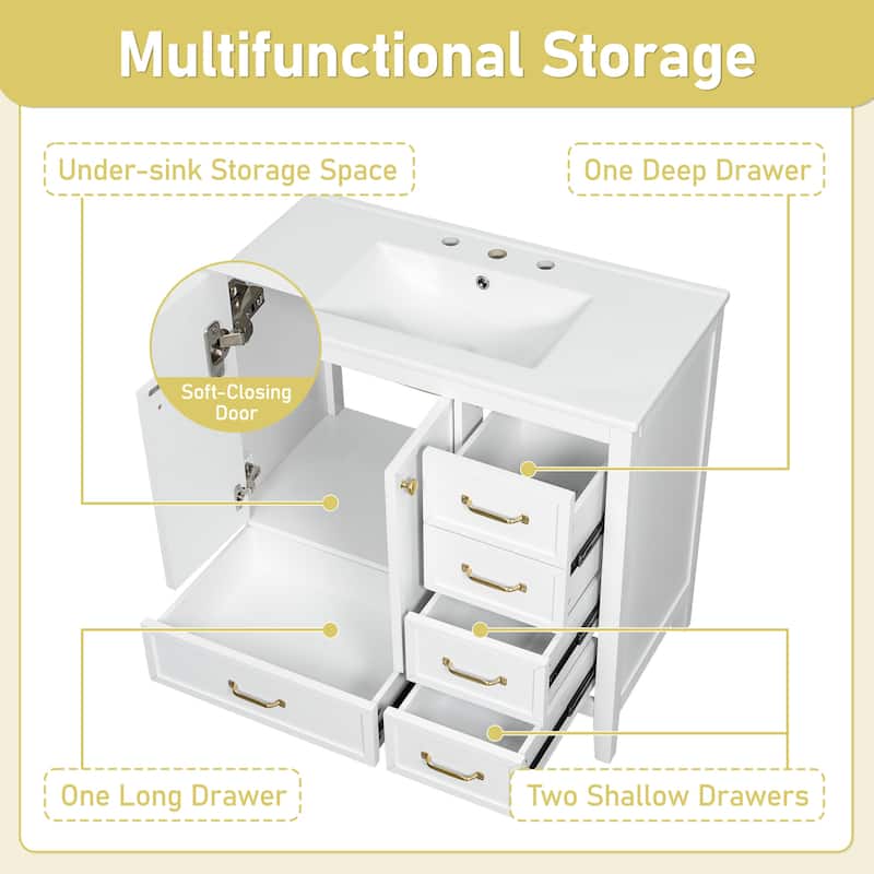 36" Bathroom Vanity with Sink, Bathroom Cabinet with Soft-Closing Door, 4 Drawers of Different Sizes, Solid Wood Frame and Leg