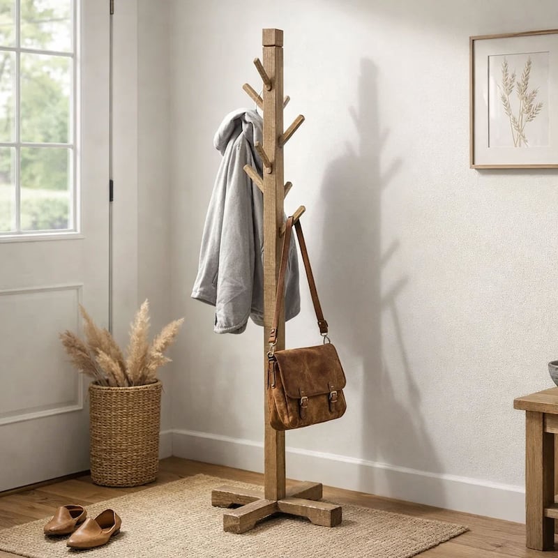 Rena Coat, Hat Tree Stand, 8 Wood Stems, 72 Inch Light Brown Mahogany