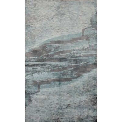Hand Knotted Oriental Viscose Silk Carpet Modern Pictorial Green Abstract Area Rug - 7' 11'' X 5' 0''