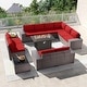 preview thumbnail 65 of 125, Kullavik 13 Pieces Outdoor Patio Furniture Set with Fire Pit Table w/ Wide Armrests w/Metal Firepit - Red