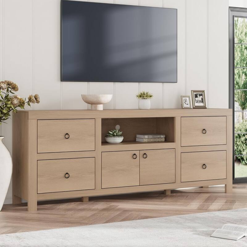 Farmhouse TV Stand for 75/80 Inch TVs, 70" Long Entertainment Center with 6 Storage Drawers & Soundbar Shelf, White - Wood