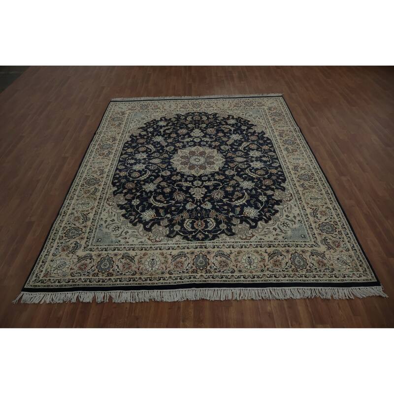 Hand Knotted Oriental 100% Wool Carpet Traditional Floral Navy Blue & Blues Nain Area Rug - 10' 4'' X 8' 0''