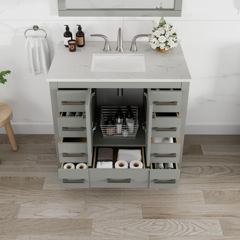 Eviva Hampton 36"W x 22"D Gray Vanity with White Carrara Quartz Vanity Top and Rectangular Undermount Bowl