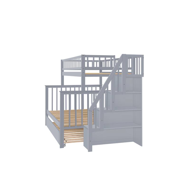 Gray Twin over Full Stairway Bunk Bed with Trundle and Storage
