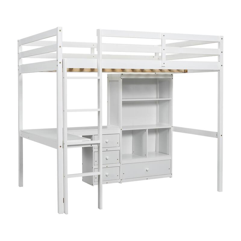 Full Size Loft Wood Bed with Desk, Storage Shelves, Drawers, and Built-in Ladder, White
