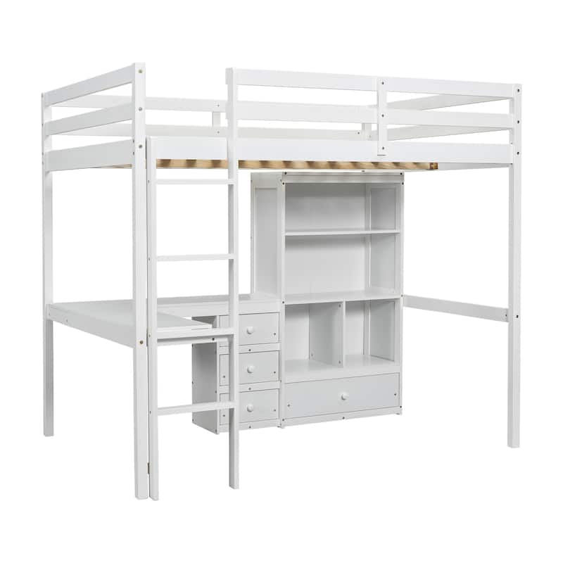 White Full Size Wood Loft Bed with Desk and Storage