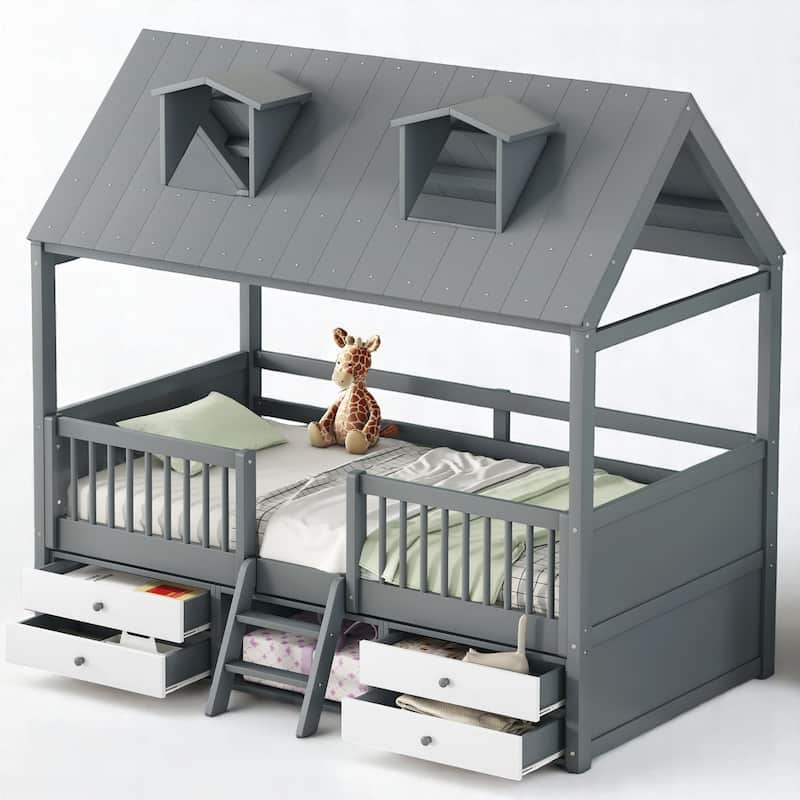 Twin/Full Size Wooden House Bed Frame with Skylight Roof, Drawers, Shelves and Ladder