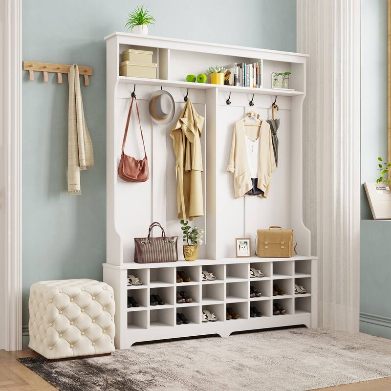 Hall Tree with Storage Space and 24 Shoe Cubbies