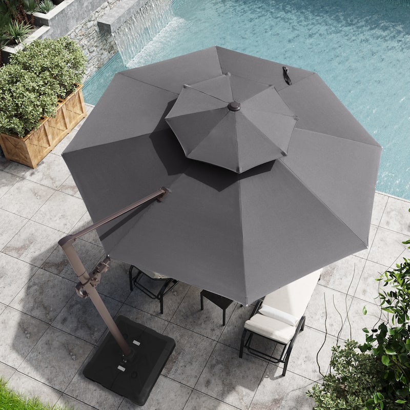 11 ft Outdoor Aluminum Dual Top Solar Powered LED Lighted Patio Cantilever Umbrella and Weighted Base