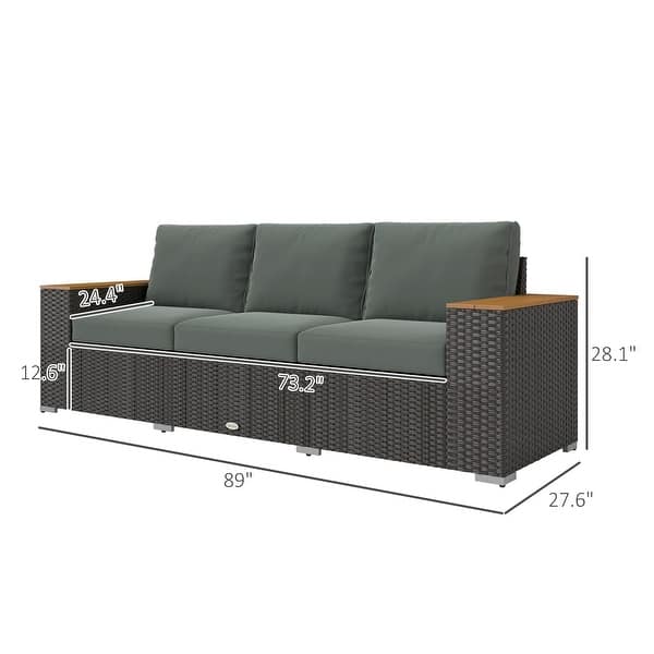 dimension image slide 1 of 3, Outsunny 3-Seat Patio Sofa with Cushions, PE Rattan Outdoor Couch with Wood Grain Wide Armrests for Porch