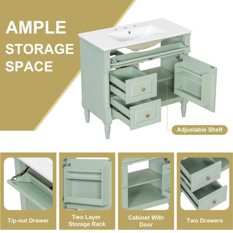 36" Bathroom Vanity with Sink, Freestanding Bathroom Cabinet with Ceramic Basin, Flip Drawer, Adjustable Shelf