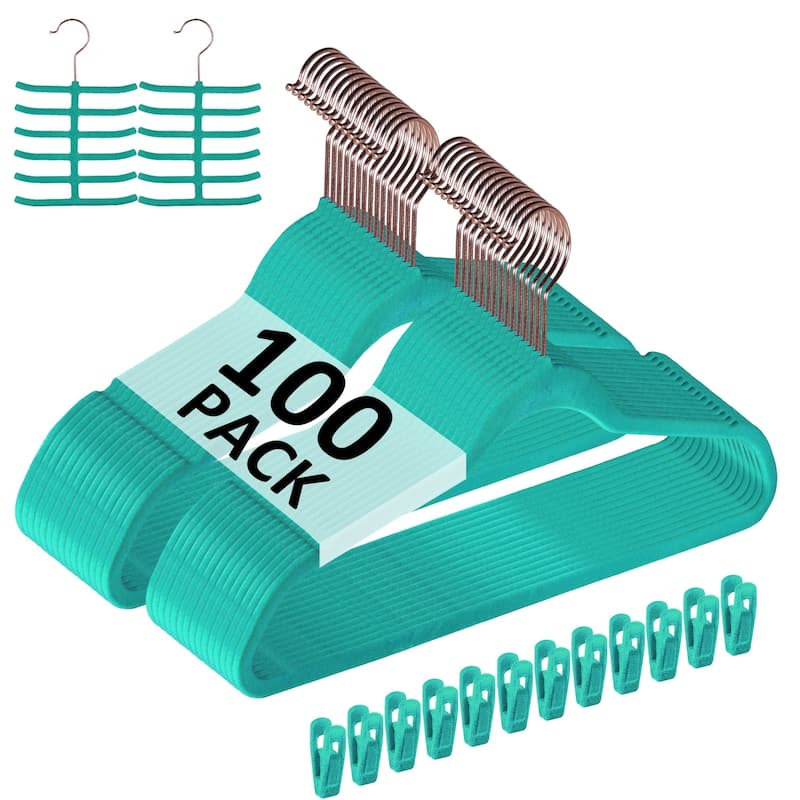 Javlergo 50/100 Pack Velvet Hangers, Heavy Duty Non Slip & Space-Saving Cloth Hangers with 6 Finger Clips & Tie Rack