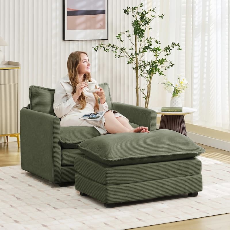 Oversized Corduroy Armchair with Plush Cushions and Movable Ottoman