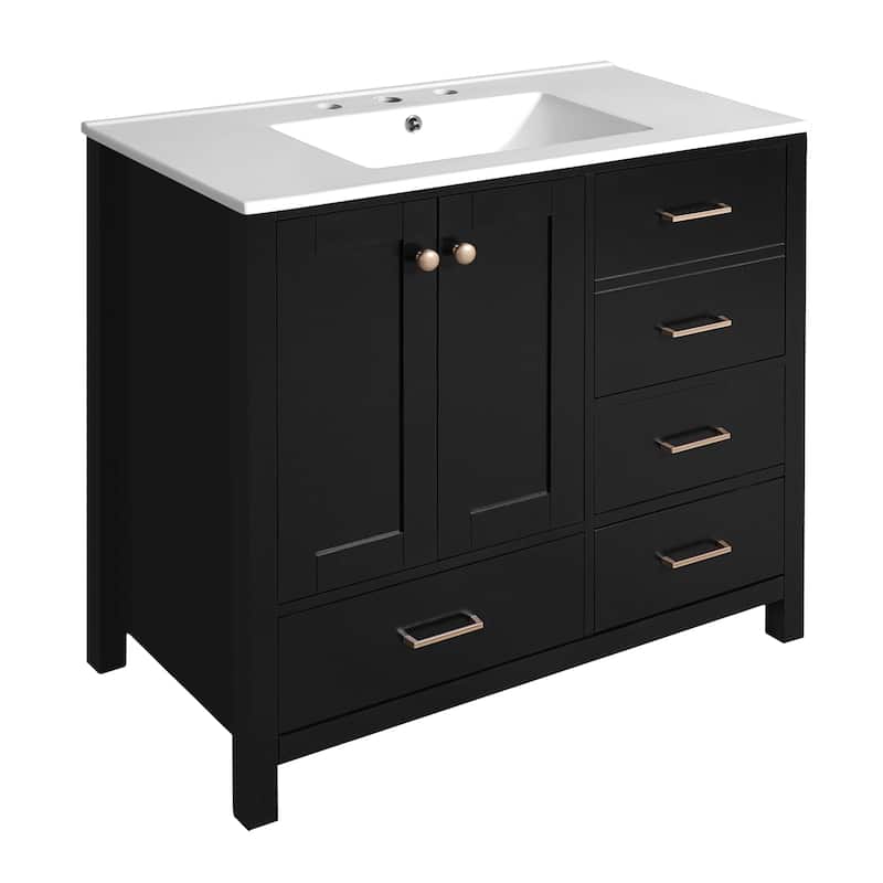 36"Bathroom Vanity with Ceramic Sink,Solid Wood Storage Cabinet,Freestanding Vanity Set with 4 Drawers& Soft Closing Doors