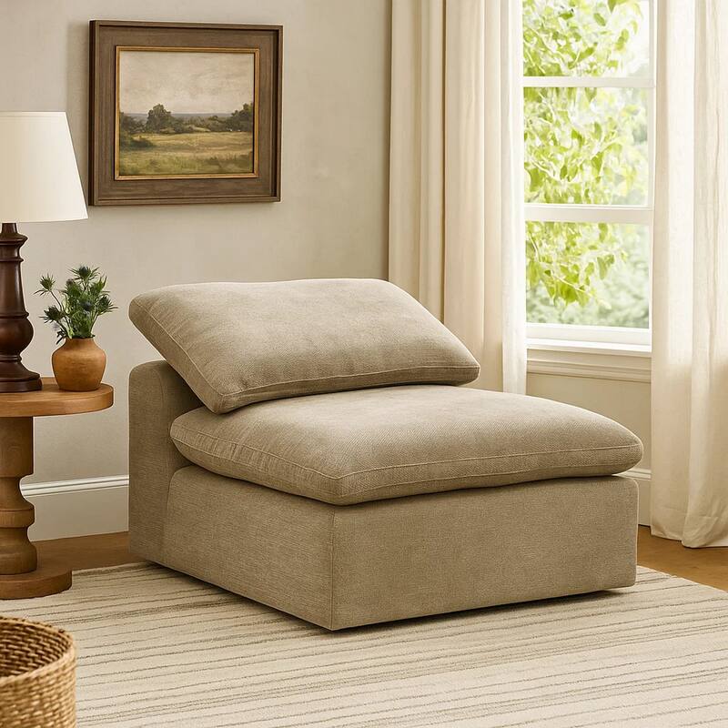 Scott 45 Inch Modular Armless Chair with Loose Pillow Back, Fabric, Beige