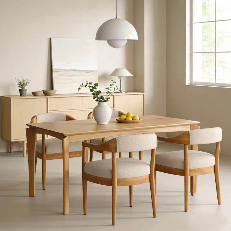 Christopher Knight Home - Mid-Century 5-Piece Set Wood Rectangular Dining Table Set with 4 Upholstered Arm Chairs