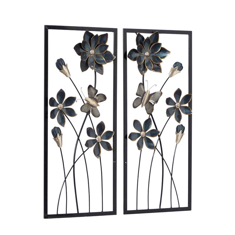 Teal Metal Floral Home Wall Decor with Black Frames and Butterfly Accents (Set of 2)
