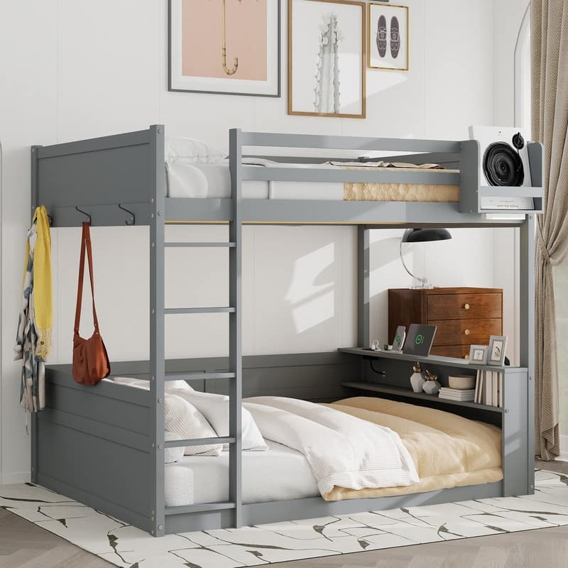 Queen Size Wooden Bunk Bed with Built-in Shelves,LED Light and USB Charging Station - Grey