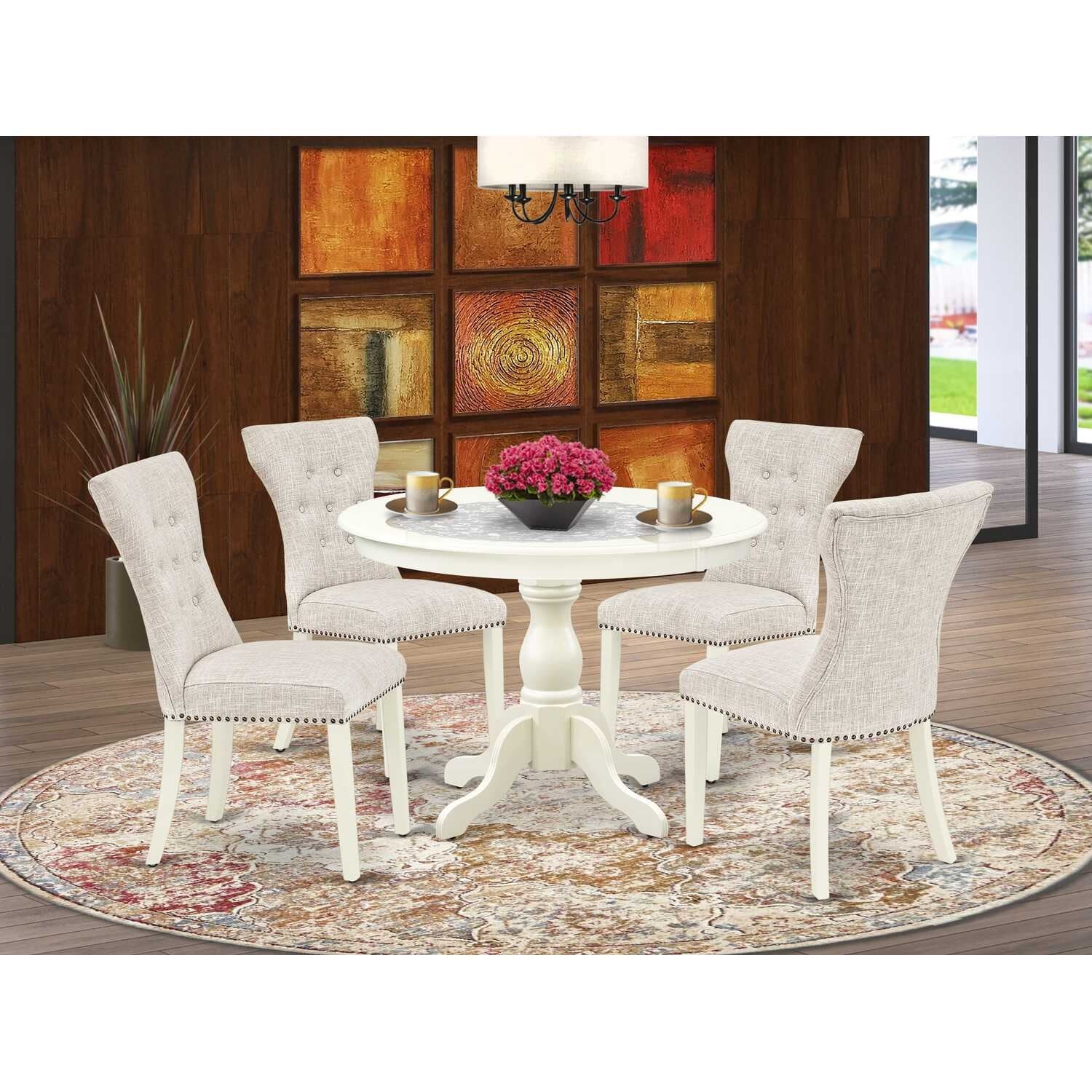 HomeStock 5-Piece Round Linen White Finish Solid Wood Top Dining table with 4 Chairs