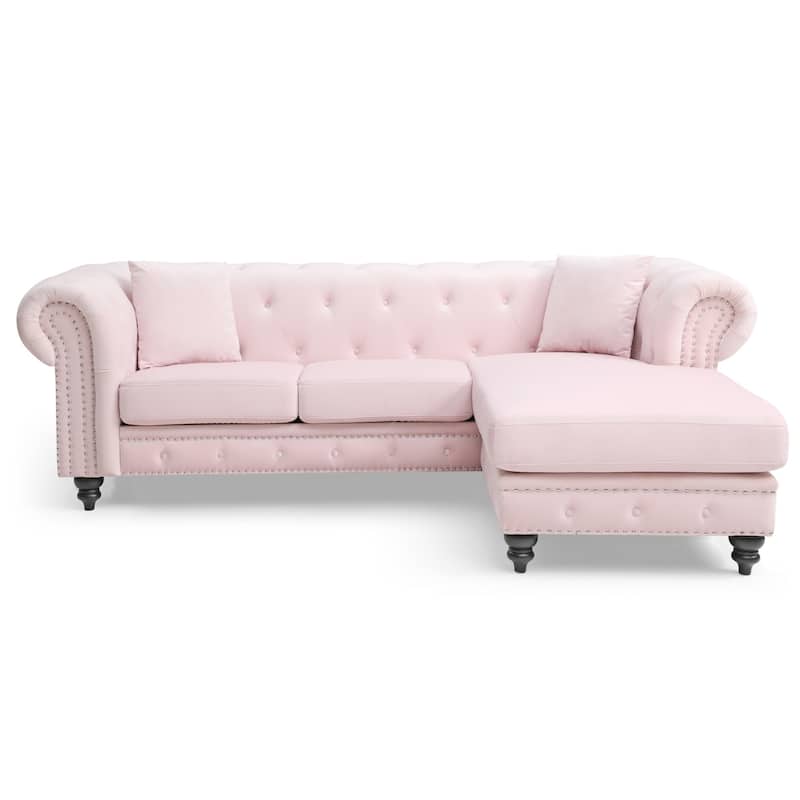 Tufted Velvet 3-Seater Sectional Sofa with Throw Pillows - 98" - Pink