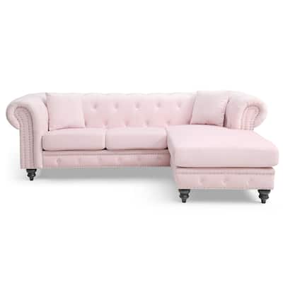 Tufted Velvet 3-Seater Sectional Sofa with Throw Pillows - 98" - Pink