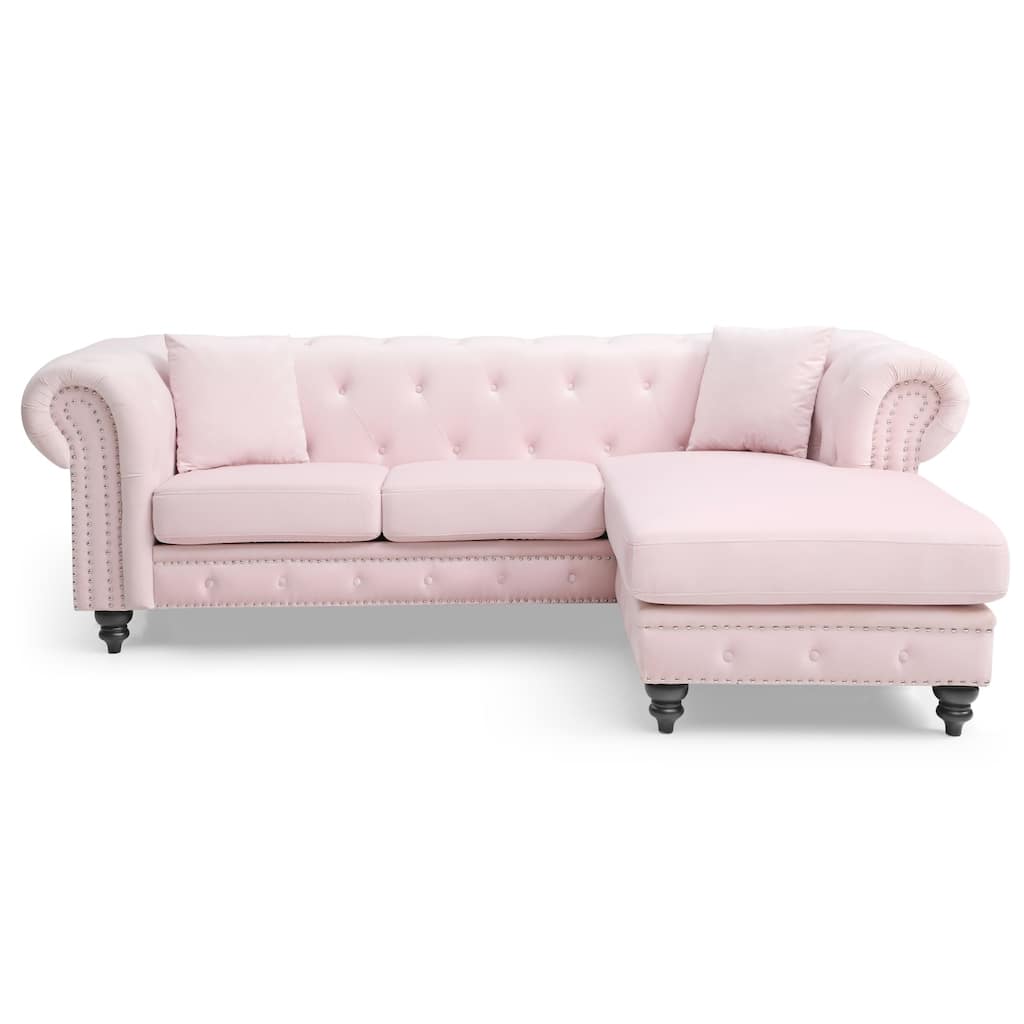 Tufted Velvet 3-Seater Sectional Sofa with Throw Pillows - 98" - Pink