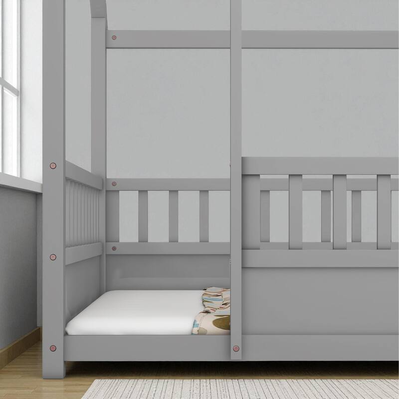 Twin/Full Wooden House Frame Floor Bed with Fence Guardrails, Montessori Style Kids Bed, Pine Wood Low Profile Design