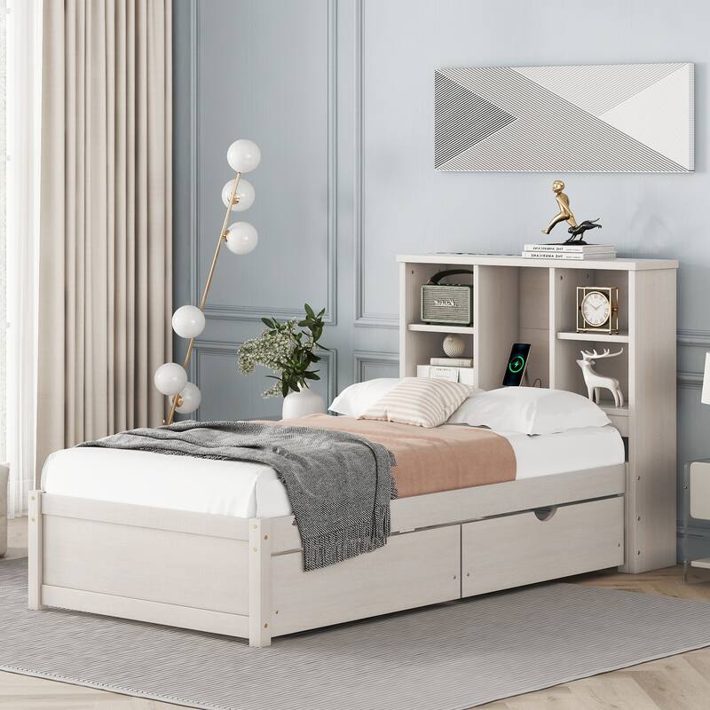 Modern Twin Size Bed Frame with USB Port, Bookcase Headboard & 2 Drawers in White Washed Finish