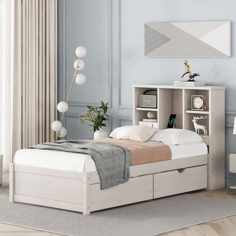 Modern Twin Size Bed with USB Port and Bookcase Headboard