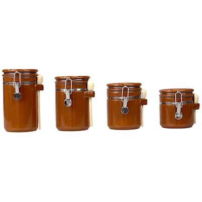 Home Basics 4 Piece Ceramic Canisters and Wooden Spoons - 25oz.; 33oz.; 40oz.; 45oz.