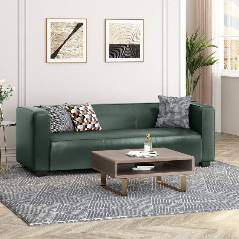 Upholstered Leather Sofa Living Room Settee Couch with Wood Legs, 3-Seater Sofa Couch with Square Armrests