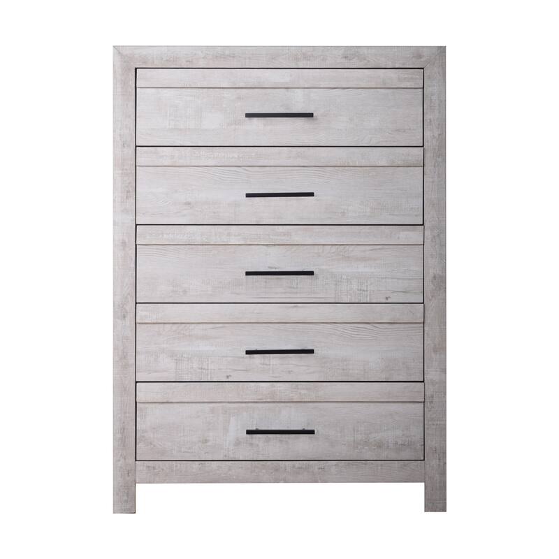 Bisca Tall Dresser Chest, 5 Drawer, Black Metal Handles, Light Gray
