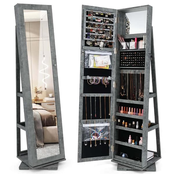 Costway 360degree Rotatable Jewelry Cabinet 2-in-1 Lockable Mirrored - See Details - Dark Gray