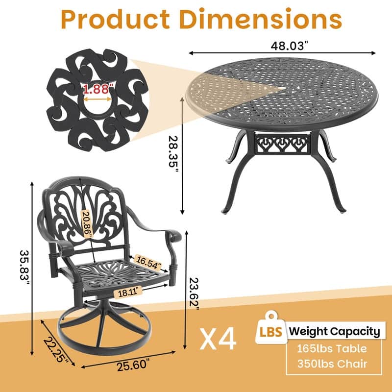 5-Piece Aluminum Round Outdoor Patio Dining Set, 4 Cushioned Swivel Chairs, Table, All-Weather Frames