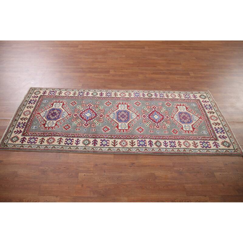 Hand Knotted Oriental 100% Wool Carpet Traditional Geometric Greys & Charcoal Kazak Runner Rug - 6' 7'' X 2' 7''
