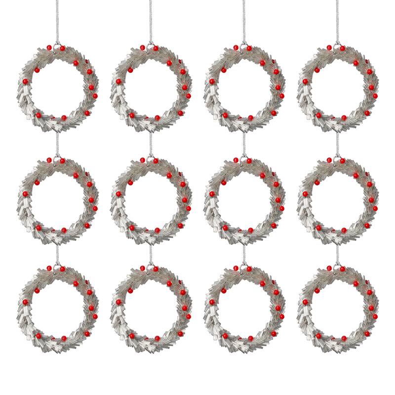 Festive Beaded Christmas Round Hanging Ornaments with Red Berries, Set of 12, 4"