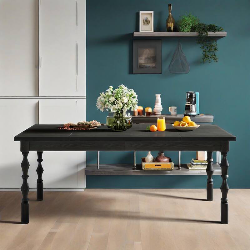 Rectangular Farmhouse Dining Table 62 Inch Black Wood MDF Top with Carved Legs Seats 4 to 6 People - 62.20" x 30.71" x 29.53"