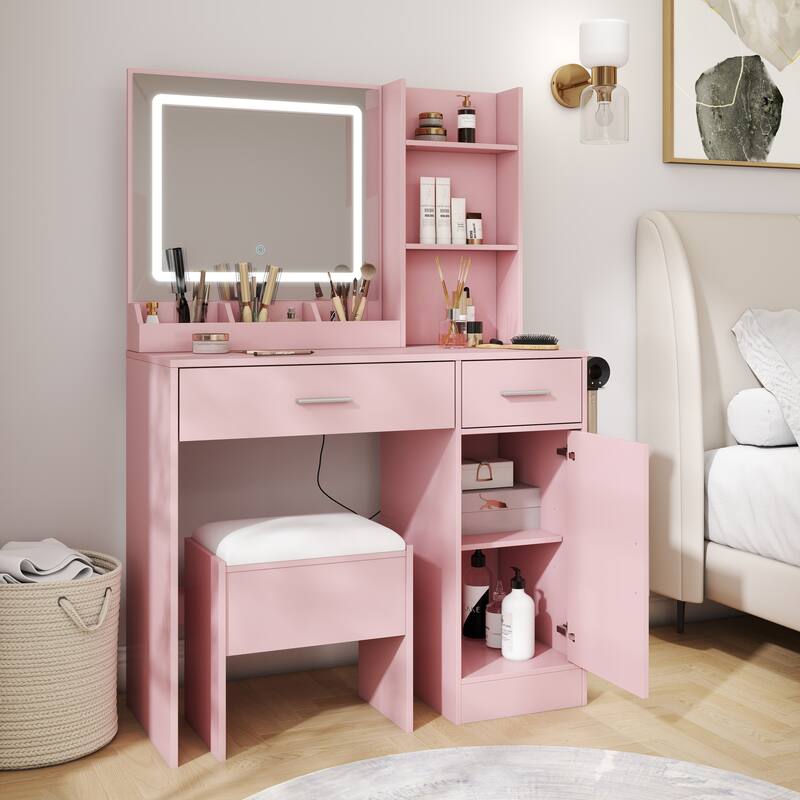 2-Piece Vanity Set with Upholstered Stool, Makeup Vanity Desk with LED Light Mirror and Charging Station