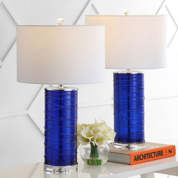 Cole 27.5" Modern Fused Glass Cylinder LED Table Lamp, Cobalt (Set of 2) by JONATHAN Y. Opens flyout.