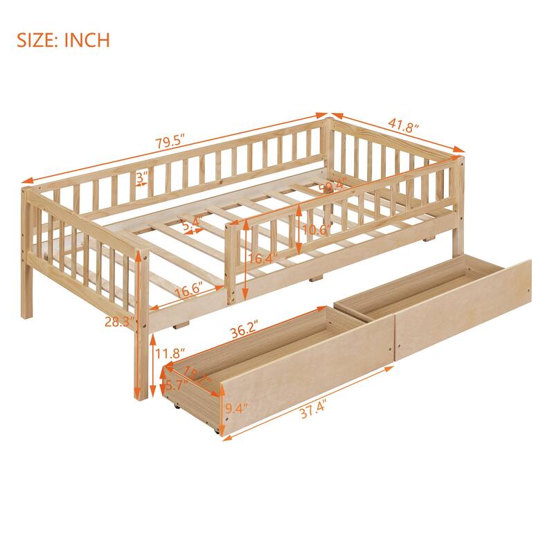 Twin Size Daybed Wood bed with Two Drawers, Natural