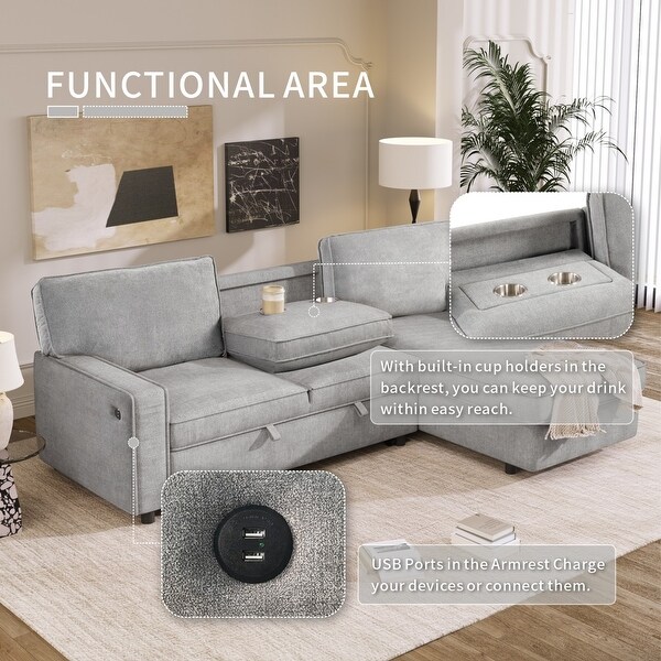 Upholstery Sleeper Sectional Sofa with Storage Space USB port 2 Cup Holders on Back Cushions Grey On Sale Bed Bath Beyond 38113419