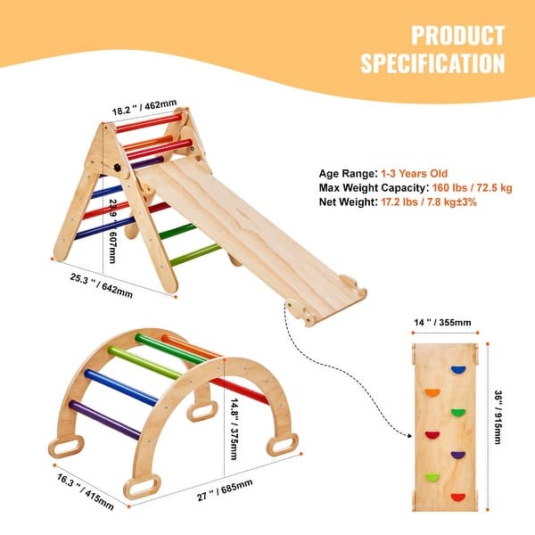 dimension image slide 1 of 4, Wood Climbing Toy Set Pine 5-in-1 Play Gym for Kid's