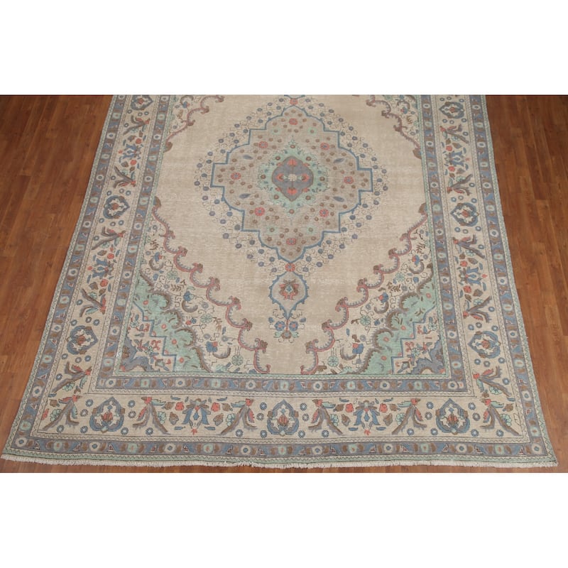 Hand Knotted Oriental 100% Wool Carpet Traditional Medallion Beige & Ivories Tabriz Area Rug - 12' 10'' X 9' 6''