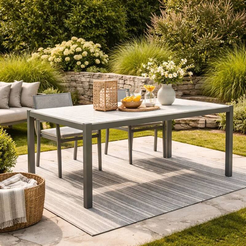 Fifi 71 Inch Outdoor Dining Table, White Polyresin Top, Gray Aluminum Frame