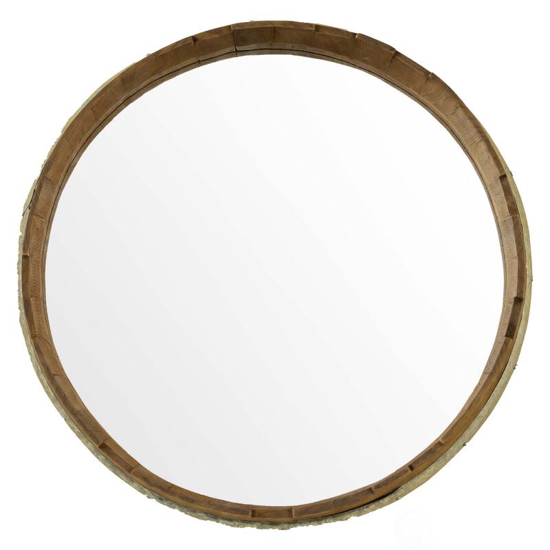 Round Rustic Wood and Galvanized Metal Framed Wine Barrel Shaped Wall Mirror - N/A