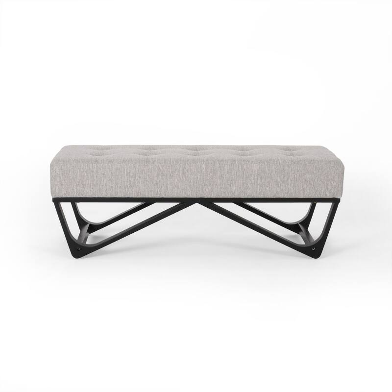 Liba Ottoman Bench, Button Tufted Beige Fabric, Black Frame, 47 Inch